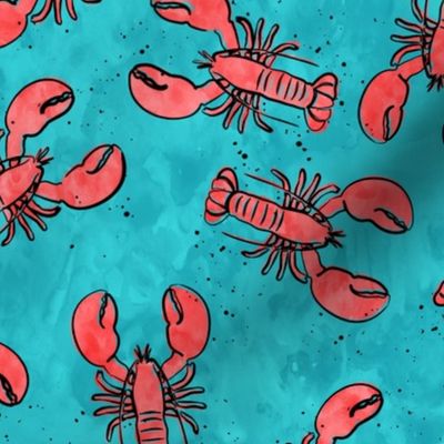 lobsters - watercolor & ink nautical summer - red on blue - LAD22