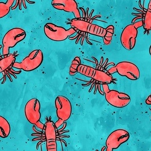 lobsters - watercolor & ink nautical summer - red on blue - LAD22
