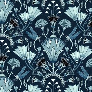 Art Deco dragonflies and lotus flowers - Egyptian style - dark cyan, teal blue-green - large