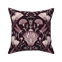 Art Deco dragonflies and lotus flowers - Egyptian style - burgundy/maroon monochrome - large