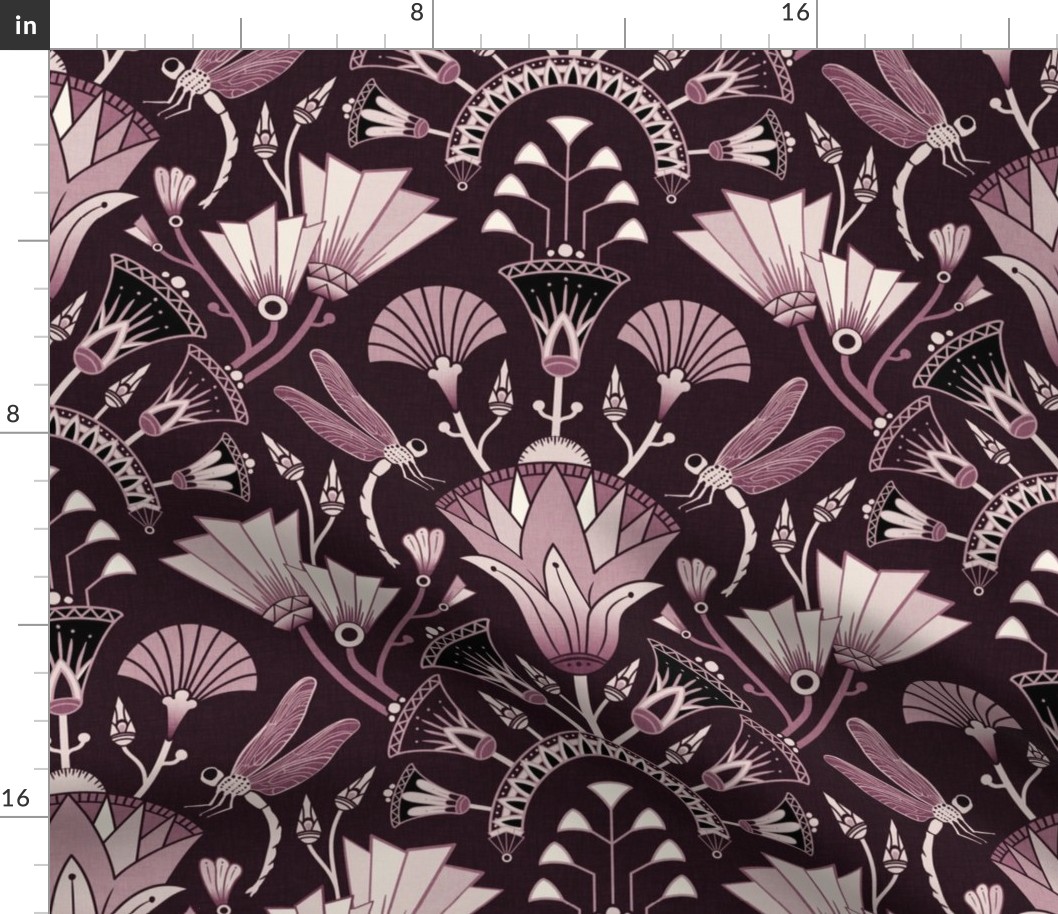 Art Deco dragonflies and lotus flowers - Egyptian style - burgundy/maroon monochrome - large