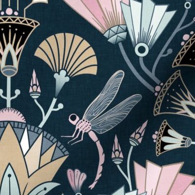 Art Deco dragonflies and lotus flowers - Egyptian style - teal, gold and pink - large