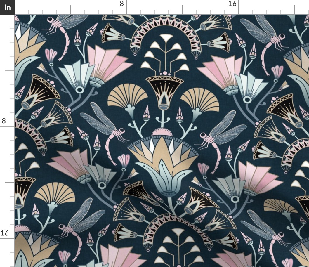 Art Deco dragonflies and lotus flowers - Egyptian style - teal, gold and pink - large