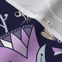 Art Deco dragonflies and lotus flowers - Egyptian style - navy blue, violet purple-pink and green - large