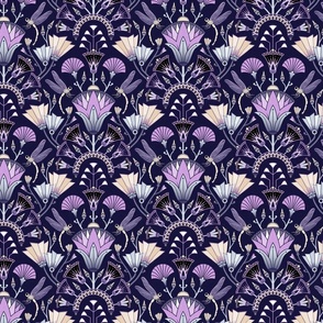 Art Deco dragonflies and lotus flowers - Egyptian style - navy blue, violet purple-pink and green - medium