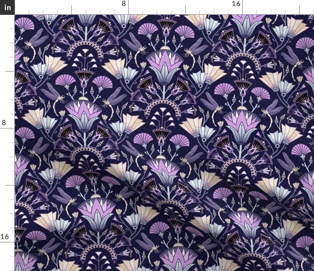 Art Deco dragonflies and lotus flowers - Egyptian style - navy blue, violet purple-pink and green - medium