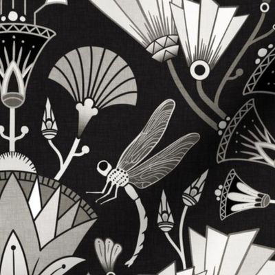 Art Deco dragonflies and lotus flowers - Egyptian style - black, white and grey monochrome - medium