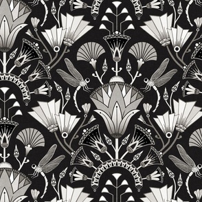 Art Deco dragonflies and lotus flowers - Egyptian style - black, white and grey monochrome - medium