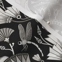 Art Deco dragonflies and lotus flowers - Egyptian style - black, white and grey monochrome - medium