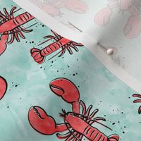 (small scale) lobsters - watercolor & ink nautical summer - red on light aqua - LAD22