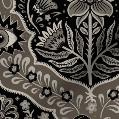 Maximalist Folk Damask with raven and mystical eye - sepia/neutral  monochrome - large