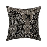 Maximalist Folk Damask with raven and mystical eye - sepia/neutral  monochrome - large