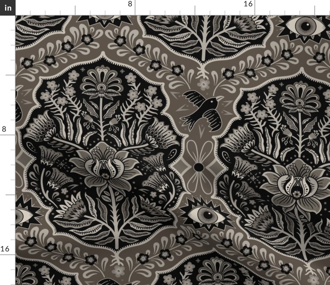 Maximalist Folk Damask with raven and mystical eye - sepia/neutral  monochrome - large