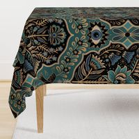 Maximalist Folk Damask with raven and mystical eye - vintage gold, teal and blue - jumbo