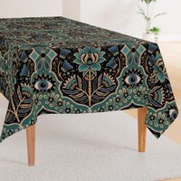 Maximalist Folk Damask with raven and mystical eye - vintage gold, teal and blue - jumbo