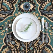 Maximalist Folk Damask with raven and mystical eye - vintage gold, teal and blue - jumbo