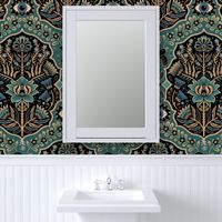 Maximalist Folk Damask with raven and mystical eye - vintage gold, teal and blue - jumbo