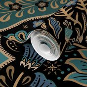 Maximalist Folk Damask with raven and mystical eye - vintage gold, teal and blue - jumbo