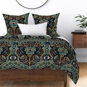 Maximalist Folk Damask with raven and mystical eye - vintage gold, teal and blue - jumbo