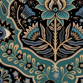 Maximalist Folk Damask with raven and mystical eye - vintage gold, teal and blue - jumbo