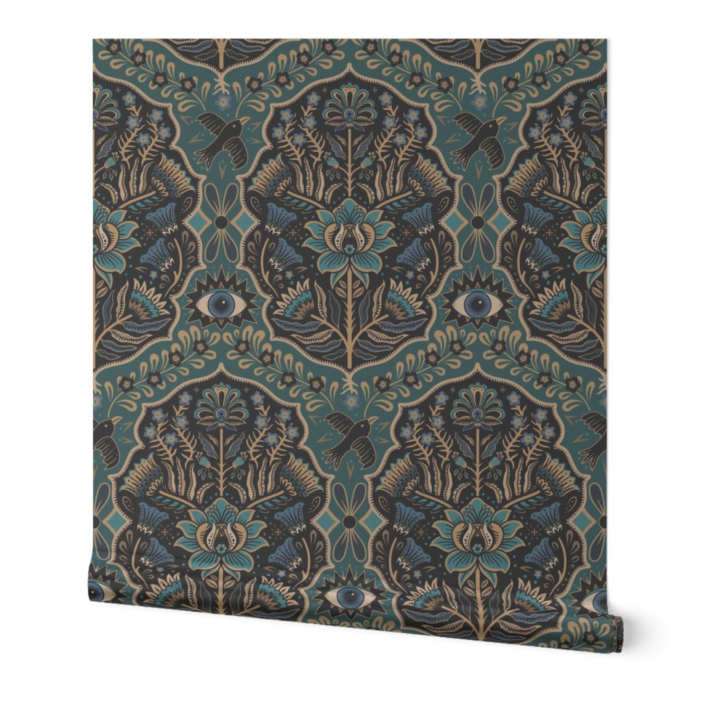 Maximalist Folk Damask with raven and mystical eye - vintage gold, teal and blue - large