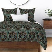 Maximalist Folk Damask with raven and mystical eye - vintage gold, teal and blue - large