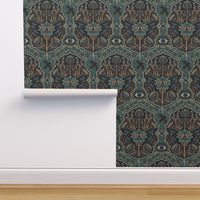 Maximalist Folk Damask with raven and mystical eye - vintage gold, teal and blue - large