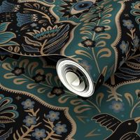 Maximalist Folk Damask with raven and mystical eye - vintage gold, teal and blue - large