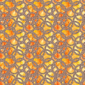 Fiery reds and oranges, mixed media with interlocking overlaid shimmering circles small 6” repeat