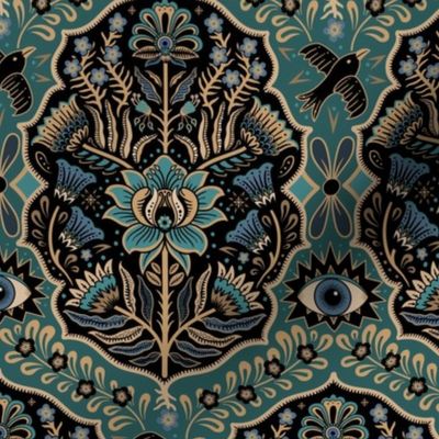 Maximalist Folk Damask with raven and mystical eye - vintage gold, teal and blue - medium