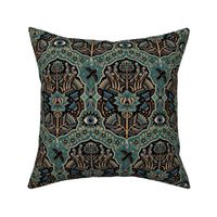 Maximalist Folk Damask with raven and mystical eye - vintage gold, teal and blue - medium