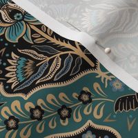 Maximalist Folk Damask with raven and mystical eye - vintage gold, teal and blue - medium