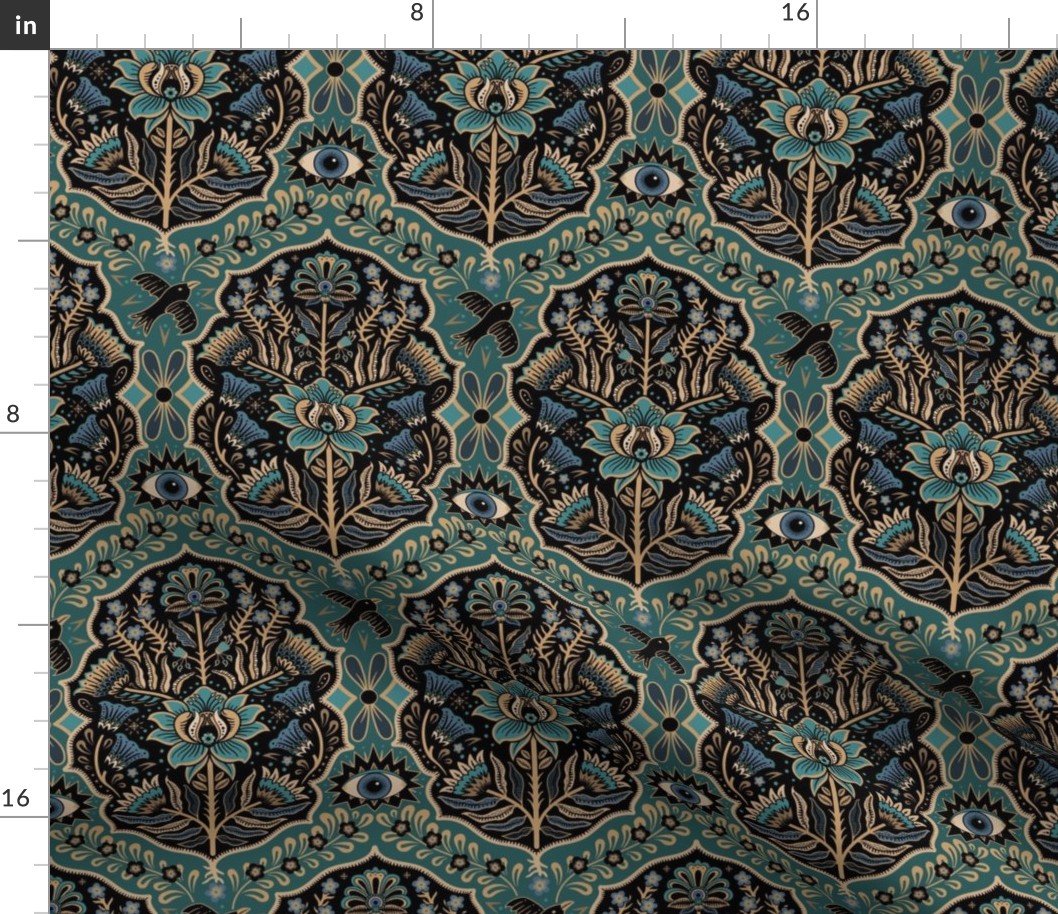 Maximalist Folk Damask with raven and mystical eye - vintage gold, teal and blue - medium