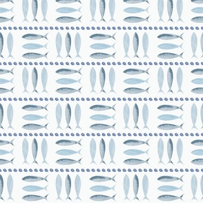(S) watercolor  grey blue sardines fish Portuguese style tiles on off white 