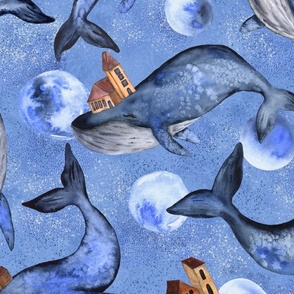 Watercolor Blue Whales with Houses and Moons - Large Scale - Celestial 