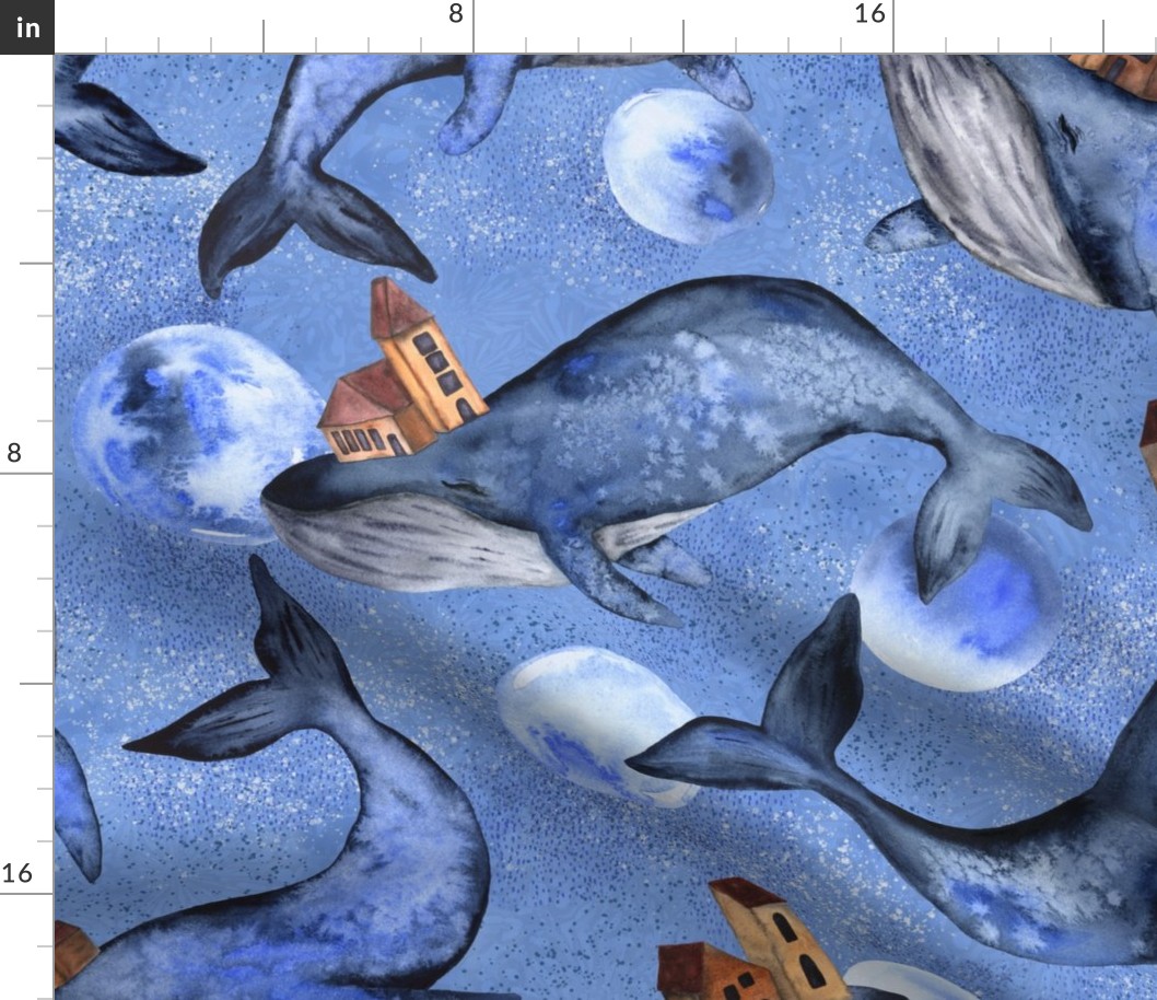 Watercolor Blue Whales with Houses and Moons - Large Scale - Celestial 