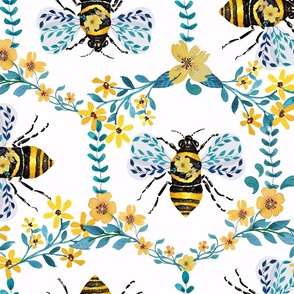 Floral Beehive  - Watercolor bees 