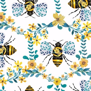 Floral Beehive - Watercolor Bees 