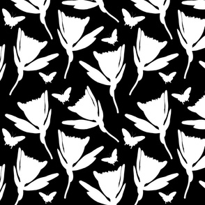 Protea Dance (Ulysses Butterflies) - white silhouettes on black, medium 