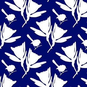 Protea Pirouette (Blue Wrens) - white silhouettes on sapphire blue, medium to large 