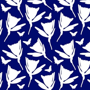Protea Dance (Ulysses Butterflies) - white silhouettes on sapphire blue, medium 