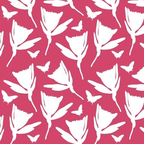 Protea Dance (Ulysses Butterflies) - white silhouettes on cerise pink, medium 