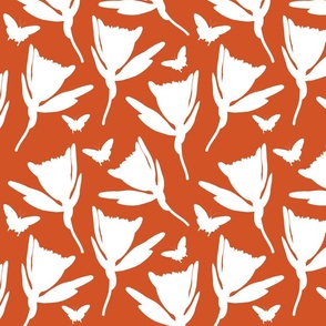 Protea Dance (Ulysses Butterflies) - white silhouettes on rust red, medium 