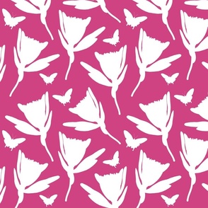 Protea Dance (Ulysses Butterflies) - white silhouettes on magenta, medium 