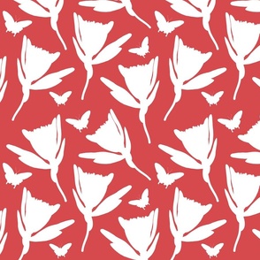 Protea Dance (Ulysses Butterflies) - white silhouettes on vermilion, medium 