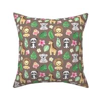 Tropical animals and flowers motif 2 brown (Almond Frost)