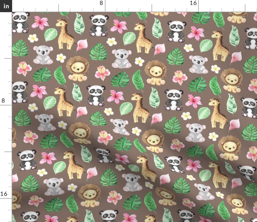 Tropical animals and flowers motif 2 brown (Almond Frost)