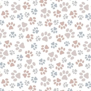 Messy paws - tossed dog paw design boho pet lovers gray beige caramel on white seventies palette