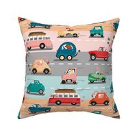 Colorful kids pattern. Funny cars in traffic driven by cute animals like pink flamingo, brown bear, elephant, snake, penguin and rabbit.