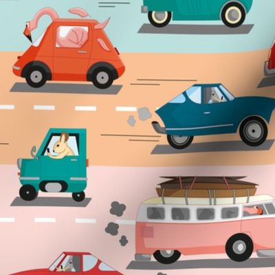 Colorful kids pattern. Funny cars in traffic driven by cute animals like pink flamingo, brown bear, elephant, snake, penguin and rabbit.